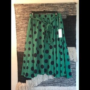 Green ruffle midi polka dot skirt with belt